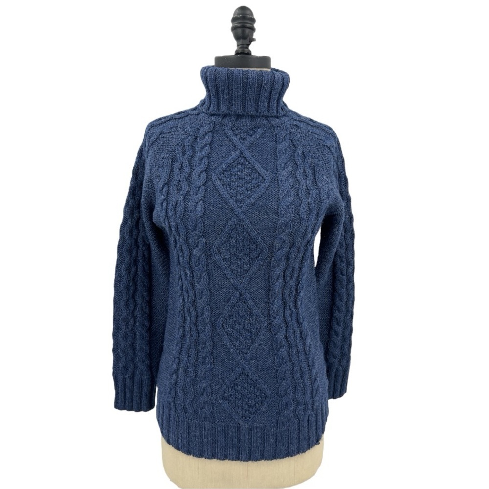 Woolover Pure Wool Cable Knit Fisherman Turtle Neck Royal Blue Sweater SZ S New